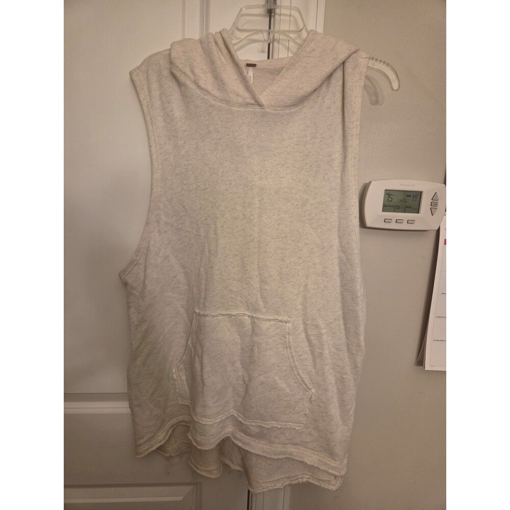 Free People Light Gray Sleeveless Hooded Pullover w/ Pocket & Raw Hem Size L